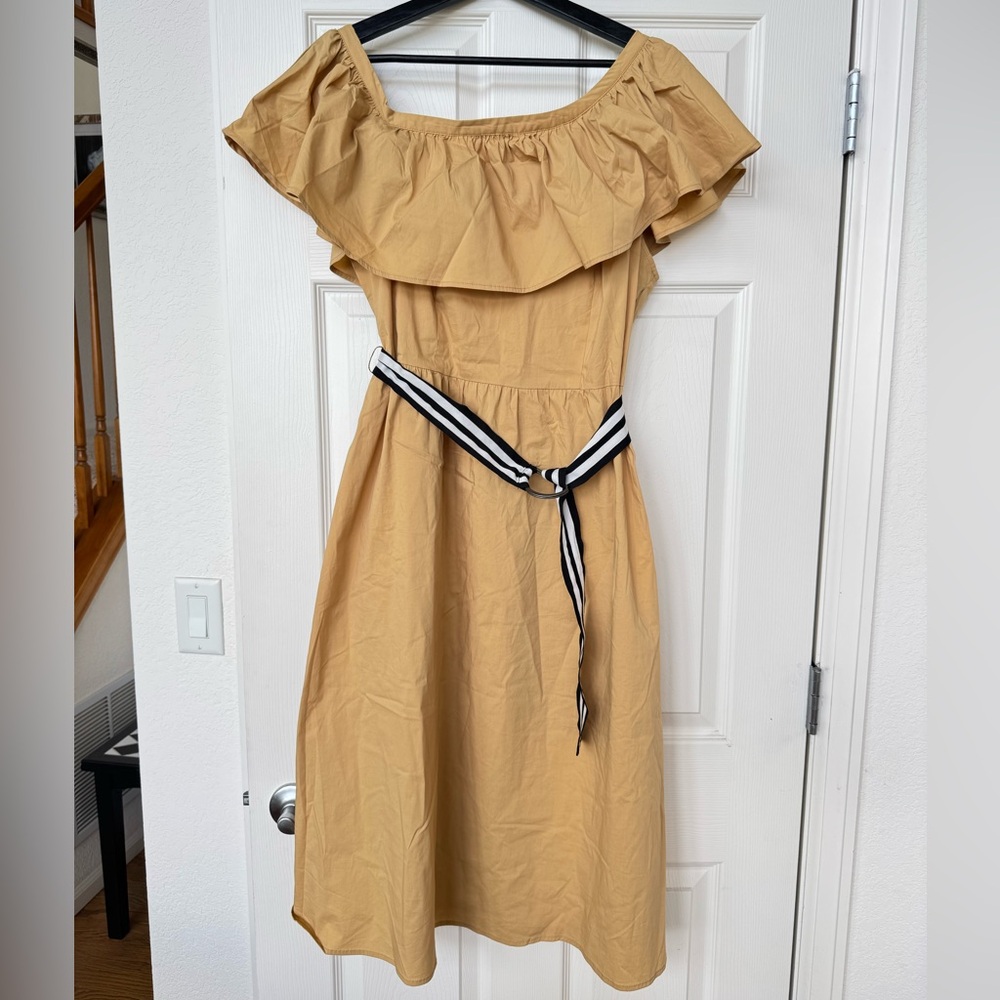 Elegant Tan Off-Shoulder Dress with Belt
